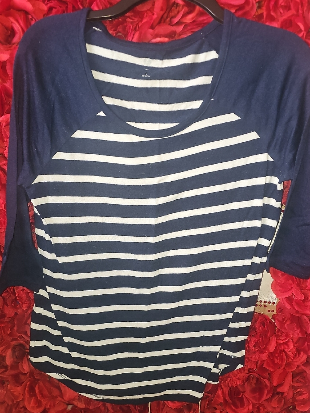 SO Women's Striped Navy and White Raglan ¾ Long Sleeve Tee Size Large